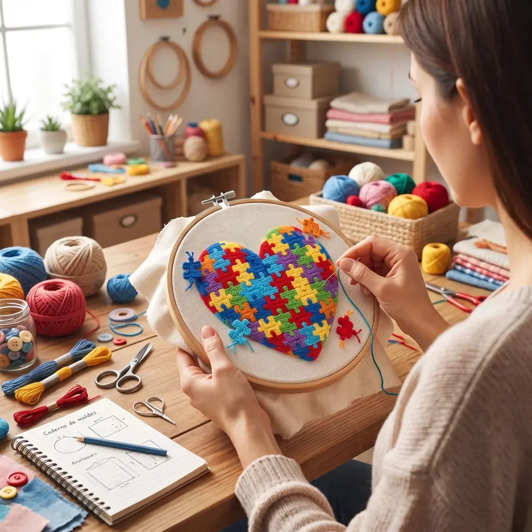 Mãe artesã bordando um coração colorido de peças de quebra-cabeça, símbolo do autismo, no bastidor