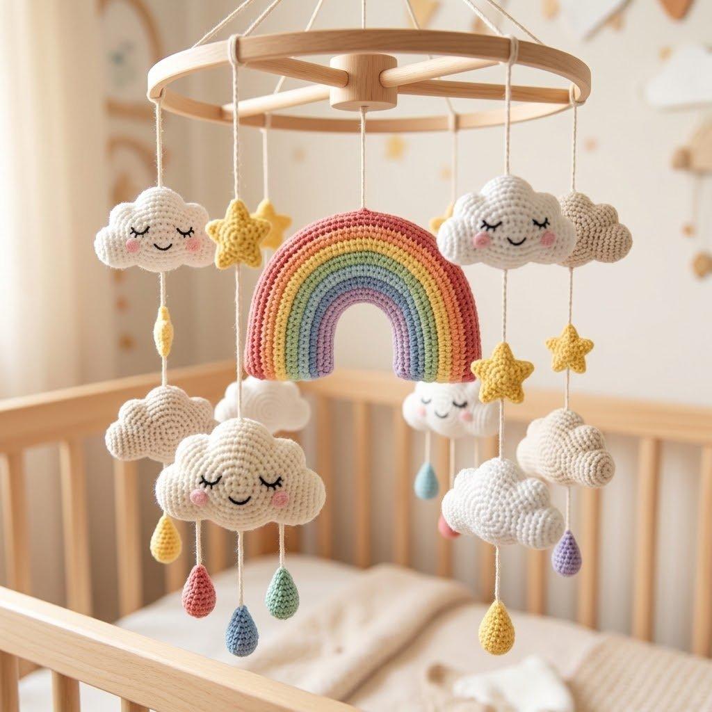 Móbile de berço arco-íris em amigurumi com fio 100% algodão, foto 1