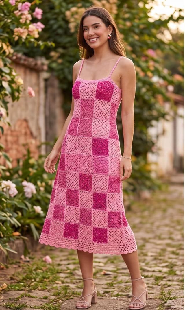 Vestido de crochê square midi com alça em fio 100% algodão, crochê moda feito à mão