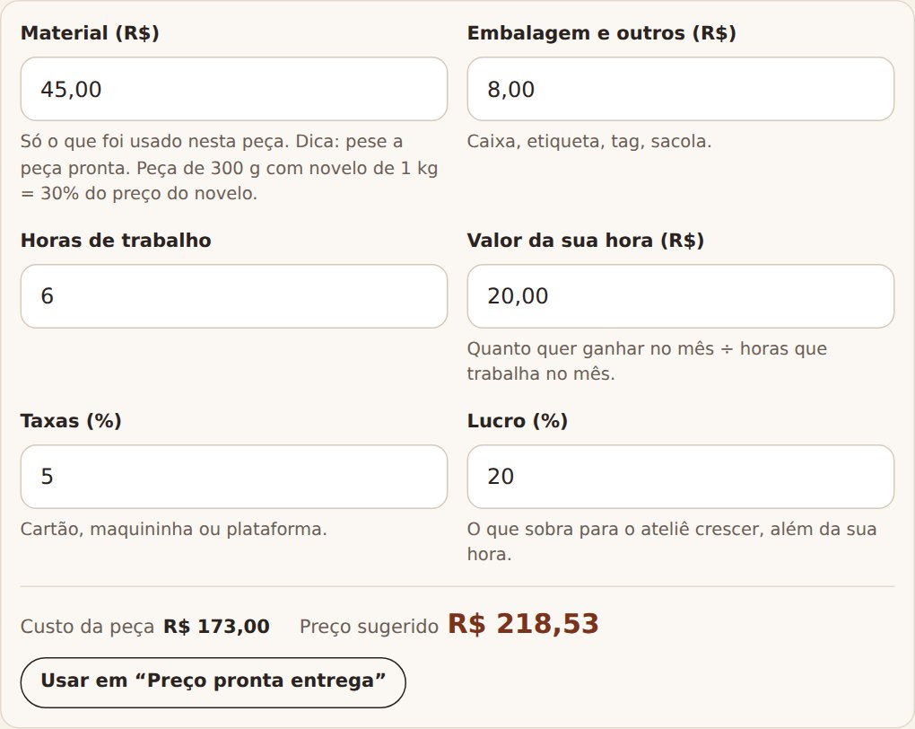 Calculadora de preço com material, embalagem, horas, valor da hora, taxas, lucro e preço sugerido