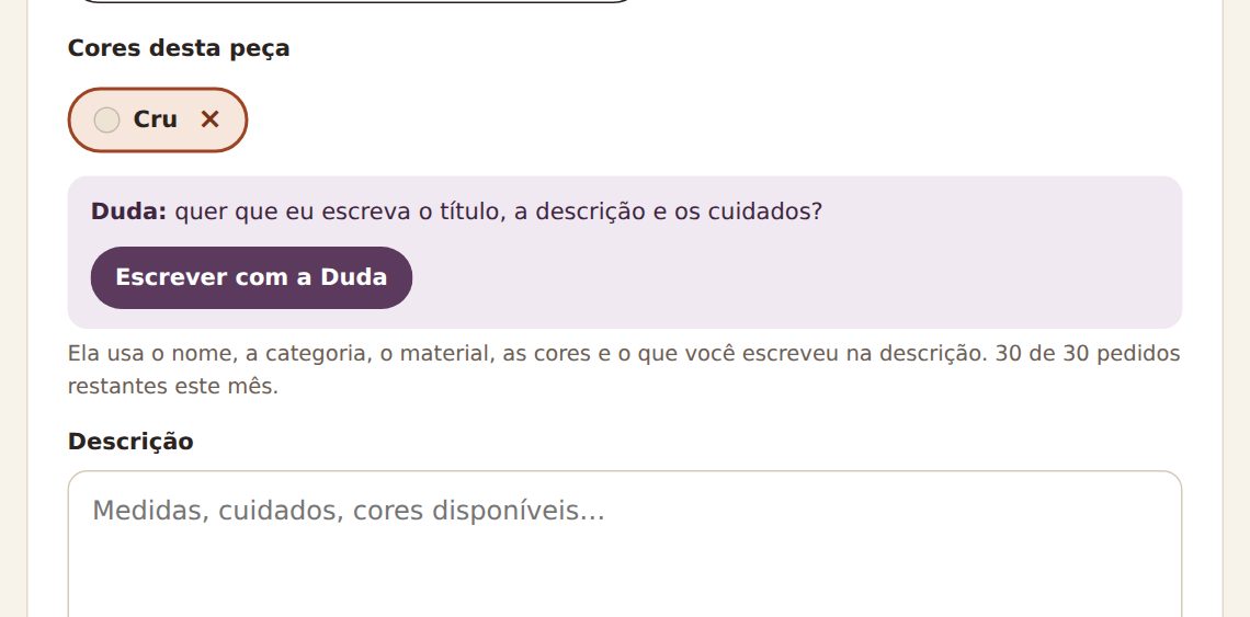 Formulário de nova peça no painel do Tips Craft com o botão Escrever com a Duda