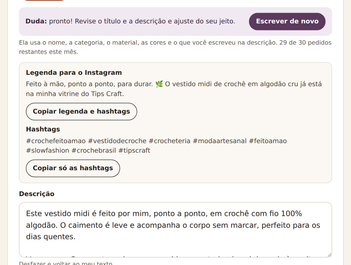 Resultado da Duda: legenda para o Instagram, hashtags e descrição preenchida